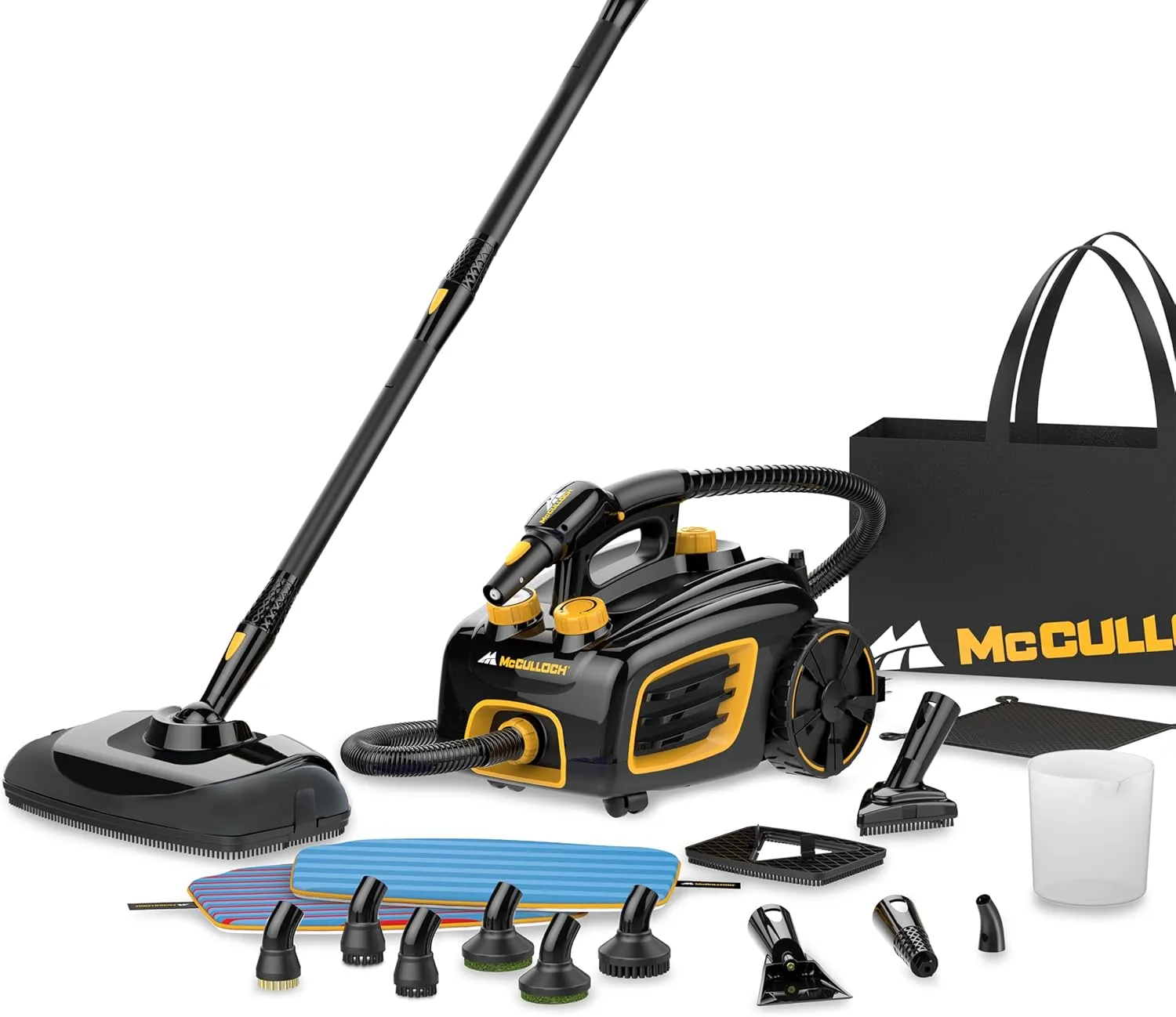 McCulloch Canister Steam Cleaner MC1375, 90 Minute Runtime, 20 Accessories: Jet Nozzle, Brushes, & More - Built for Home, Tile, Grout, Carpet, Furniture, Car Detailing, & Commercial Deep Cleaning