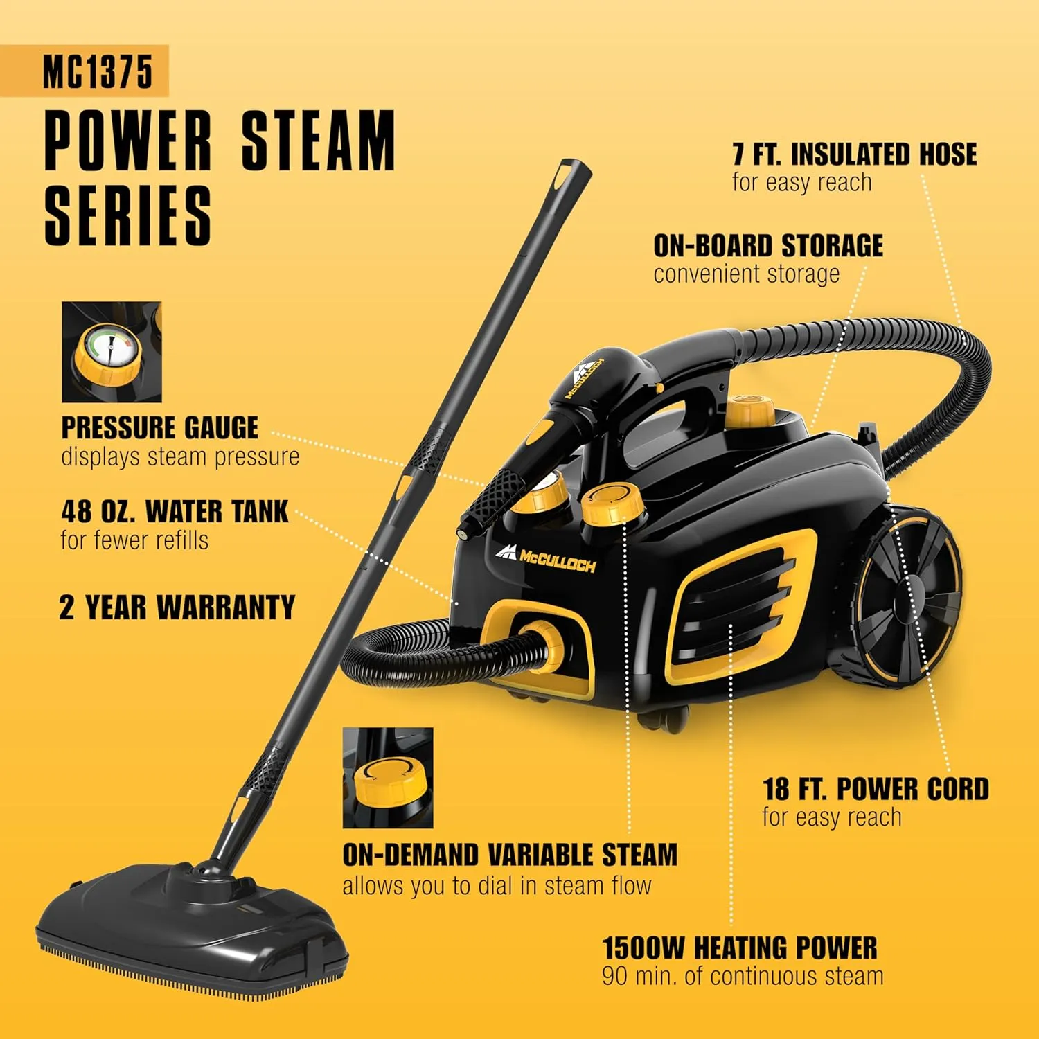 McCulloch Canister Steam Cleaner MC1375, 90 Minute Runtime, 20 Accessories: Jet Nozzle, Brushes, & More - Built for Home, Tile, Grout, Carpet, Furniture, Car Detailing, & Commercial Deep Cleaning