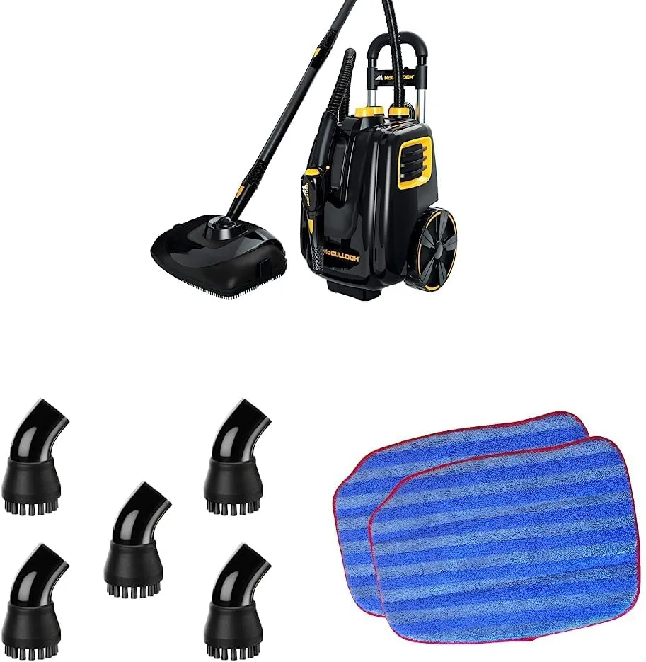 McCulloch MC1385 Deluxe Canister Steam Cleaner with 23 Accessories & A1230-005 Nylon Utility Brush (5 Pack) & A1375-100 Replacement Traditional Microfiber Mop Pad for MC1375, 2-Pack