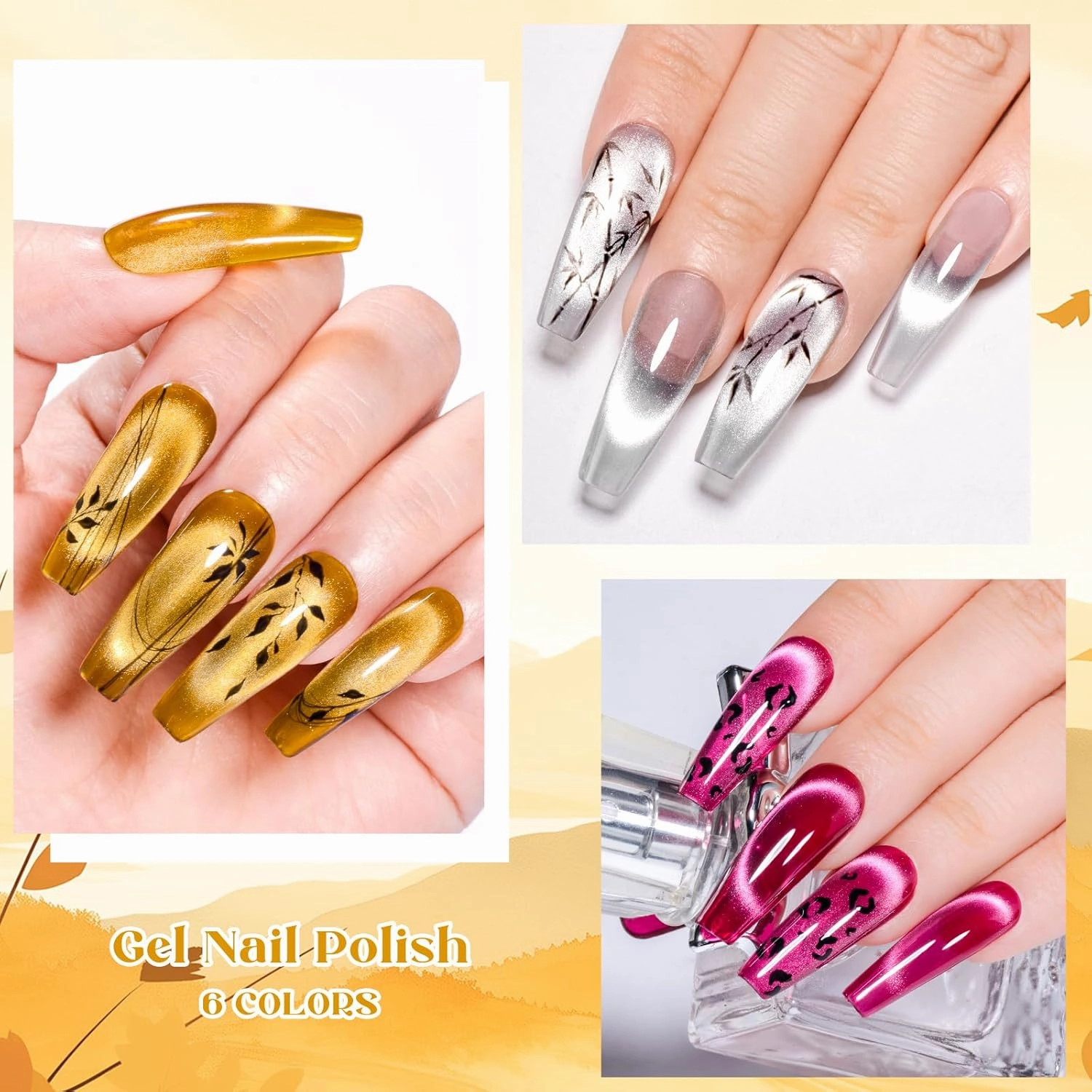 MEET ACROSS Jelly Glass Cat Eye Gel Nail Polish of 6 Clear Glaze Caramel Amber Gel Polish Kit with base top coat and Magnet Sheer Transparent Gel Manicure Nail Art DIY at Home for Salon