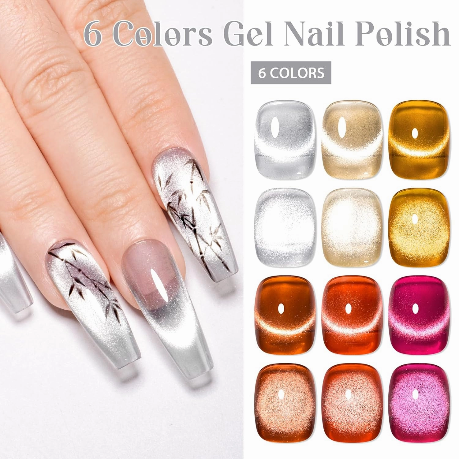 MEET ACROSS Jelly Glass Cat Eye Gel Nail Polish of 6 Clear Glaze Caramel Amber Gel Polish Kit with base top coat and Magnet Sheer Transparent Gel Manicure Nail Art DIY at Home for Salon