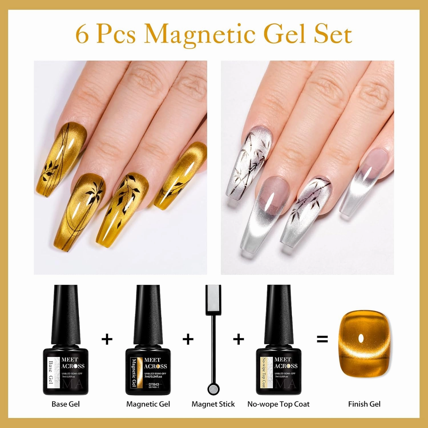 MEET ACROSS Jelly Glass Cat Eye Gel Nail Polish of 6 Clear Glaze Caramel Amber Gel Polish Kit with base top coat and Magnet Sheer Transparent Gel Manicure Nail Art DIY at Home for Salon