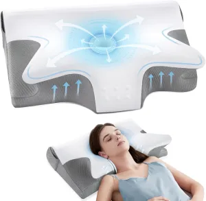 Memory Foam Neck Pillow, Effective Pain Relief Cervical Neck and Shoulder Pillows for Sleeping, Odorless Ergonomic Contour Bed Pillow for Side Sleep Stomach and Back Sleeper (White and Gray)