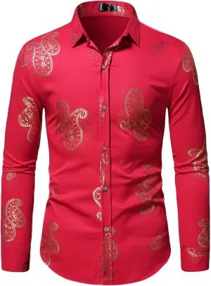 Mens Dress Shirt Long Sleeve Fashion Print Button Down Tshirt Slim Fit Casual Collared Shirts Party Prom Tee Tops