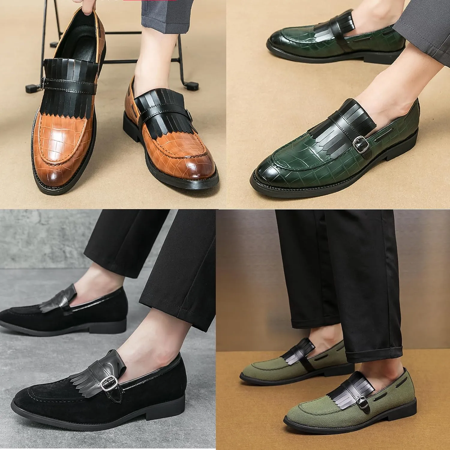 Men's Leather Tassel Monk Strap Dress Loafers Classic Slip-on Pointed Toe Low Chunky Heel Formal Business Wedding Tuxedo Penny Loafers Shoes
