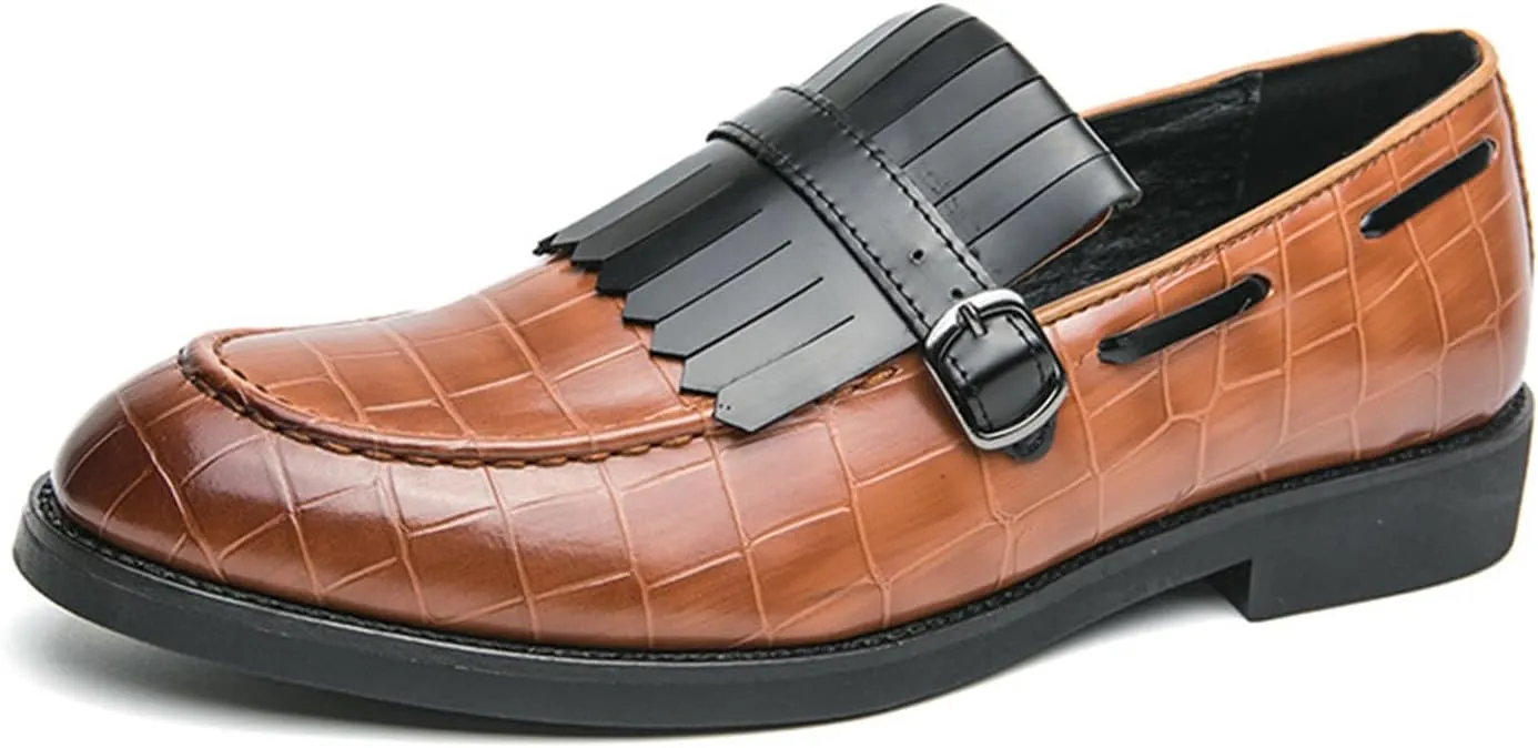 Men's Leather Tassel Monk Strap Dress Loafers Classic Slip-on Pointed Toe Low Chunky Heel Formal Business Wedding Tuxedo Penny Loafers Shoes