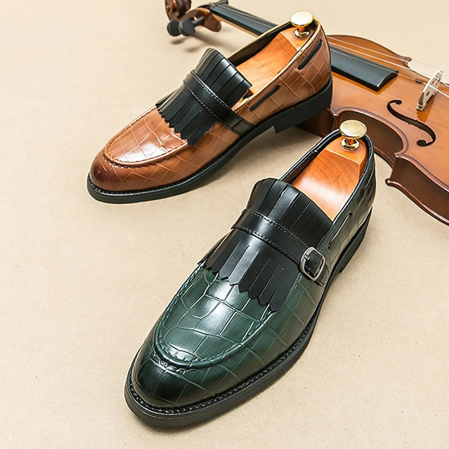 Men's Leather Tassel Monk Strap Dress Loafers Classic Slip-on Pointed Toe Low Chunky Heel Formal Business Wedding Tuxedo Penny Loafers Shoes