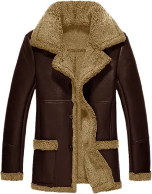 Men's Shearling Leather Coat Faux Suede Sherpa Lined Sheepskin Flying Jacket Classic Winter Windproof Outerwear