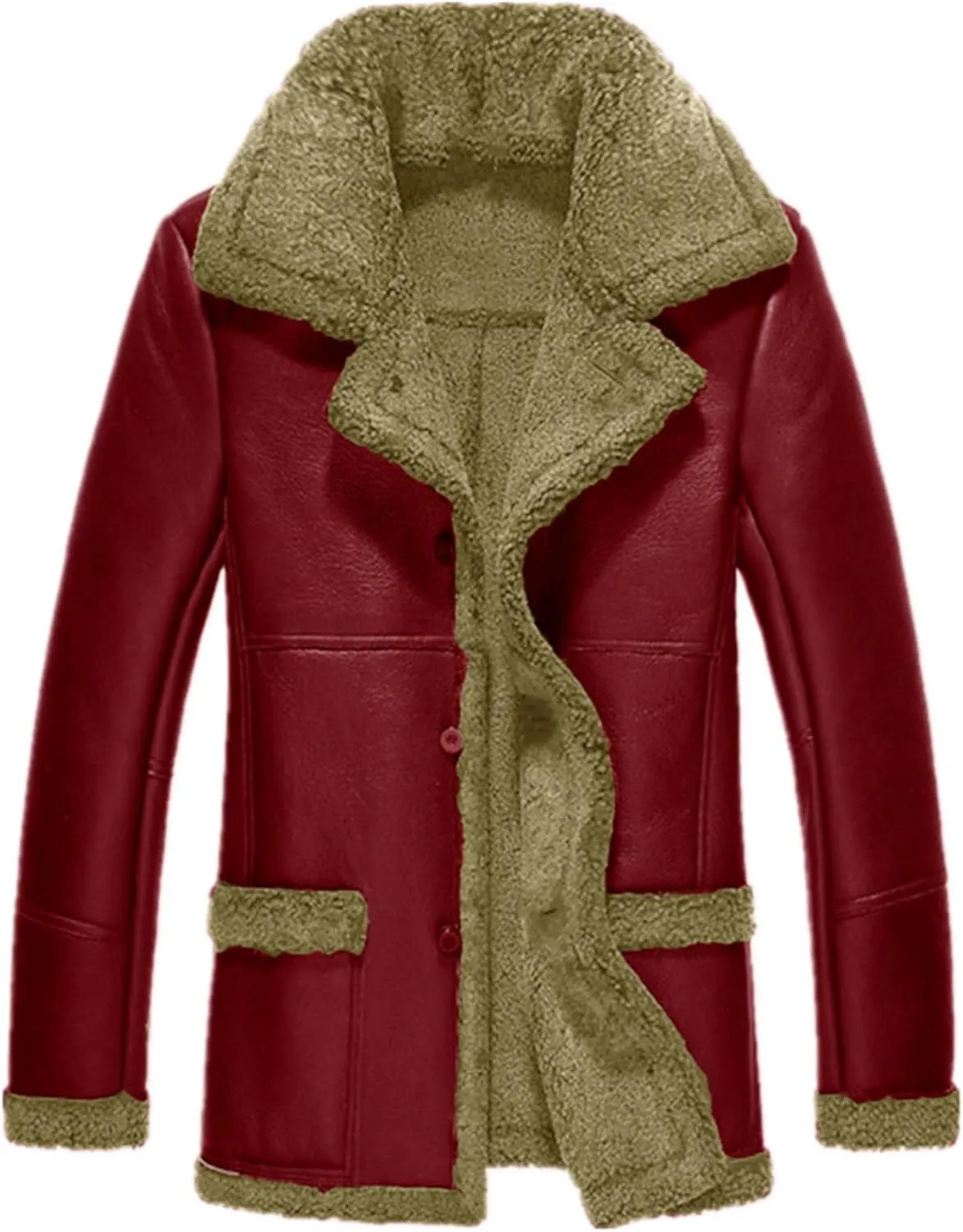 Men's Shearling Leather Coat Faux Suede Sherpa Lined Sheepskin Flying Jacket Classic Winter Windproof Outerwear