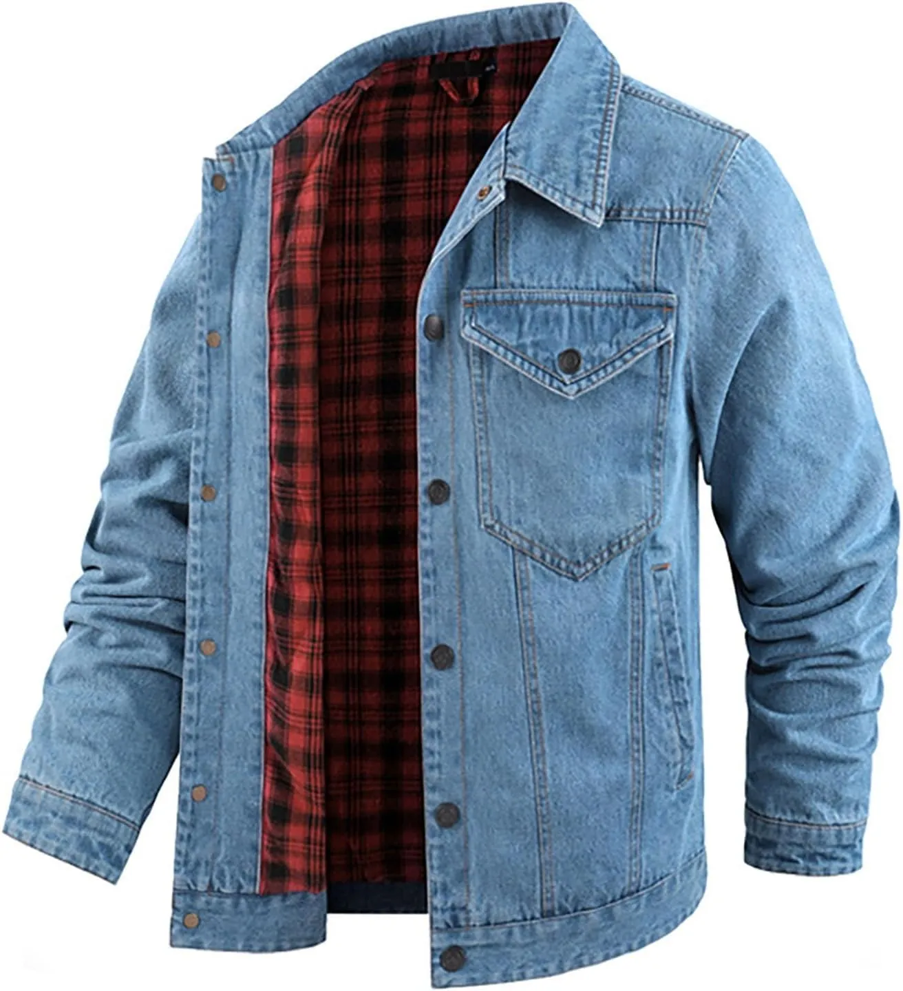 Men's Snap Front Puffer Jacket Sleeve Turn Down Collar Solid Denim Jacket Coat Waterproof Raincoat with Hood