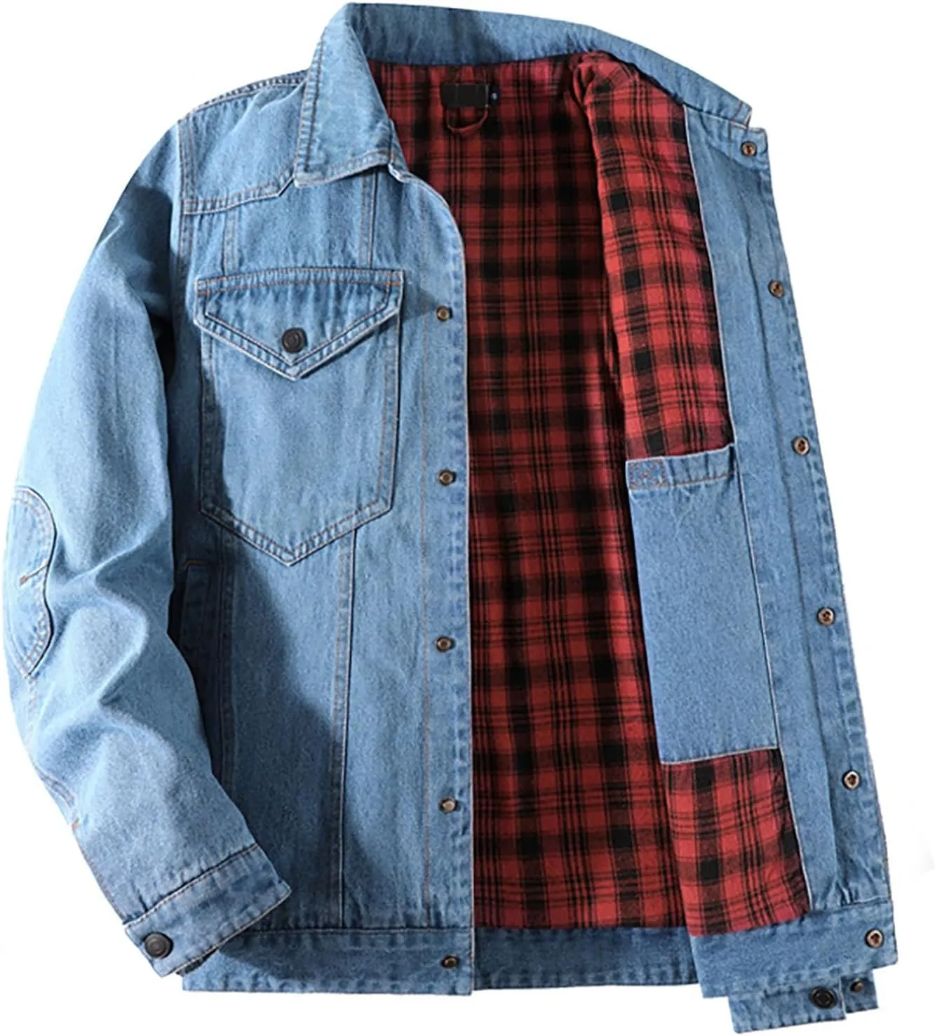 Men's Snap Front Puffer Jacket Sleeve Turn Down Collar Solid Denim Jacket Coat Waterproof Raincoat with Hood