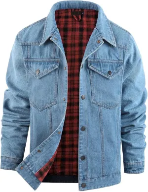 Men's Snap Front Puffer Jacket Sleeve Turn Down Collar Solid Denim Jacket Coat Waterproof Raincoat with Hood