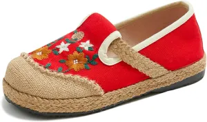 Micoklinlin Loafers for Women Girls Espadrilles Slip on Flat House Shoes Floral Embroidered Casual Cotton Linen Sneakers