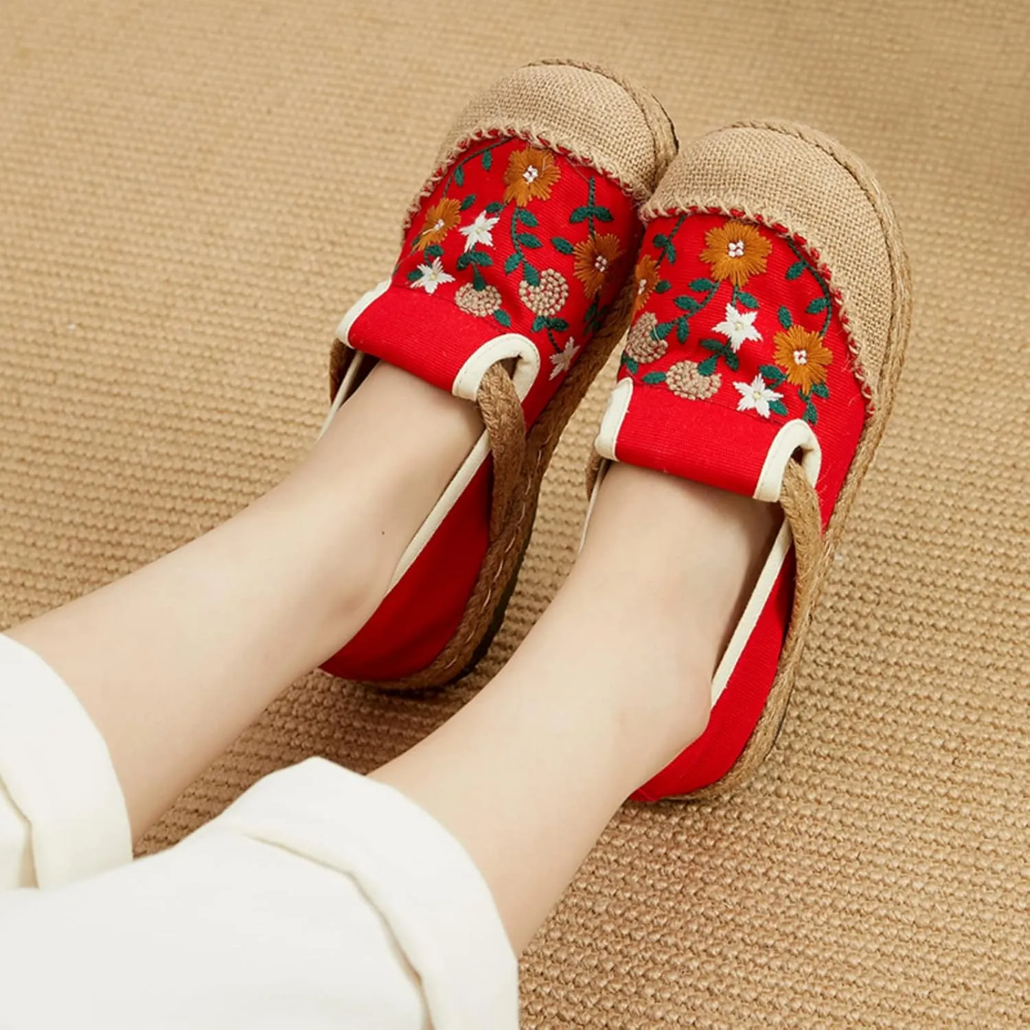 Micoklinlin Loafers for Women Girls Espadrilles Slip on Flat House Shoes Floral Embroidered Casual Cotton Linen Sneakers