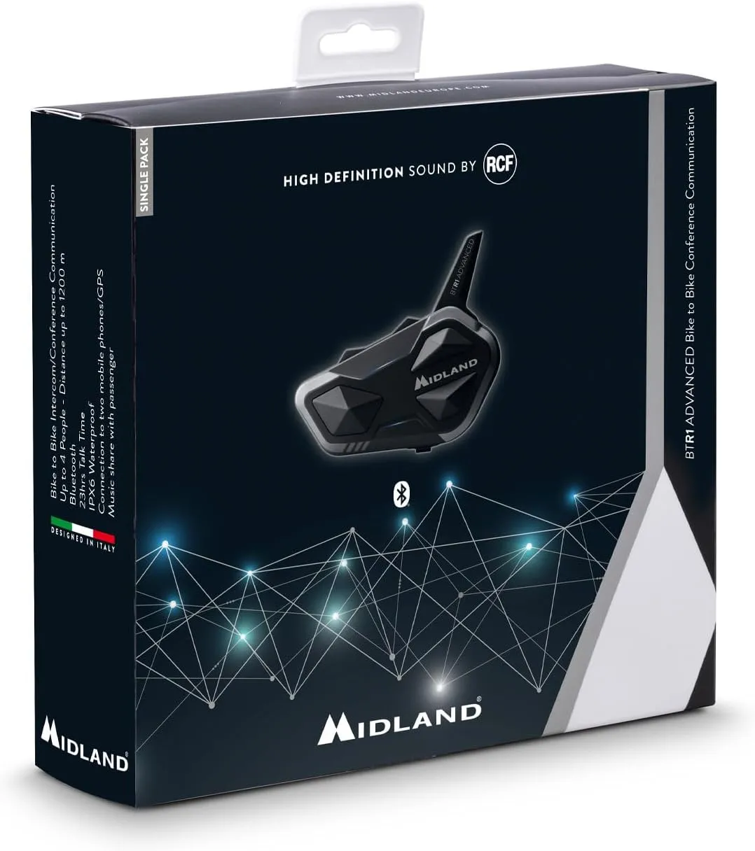 Midland BTR1 Advanced Motorcycle Bluetooth Headset – 4-Rider Intercom System with Wired and Boom Mic, RCF HD Sound, Music Sharing, DNK Noise Cancellation, FM Radio, IPX6 Waterproof (1 Pack, Black)