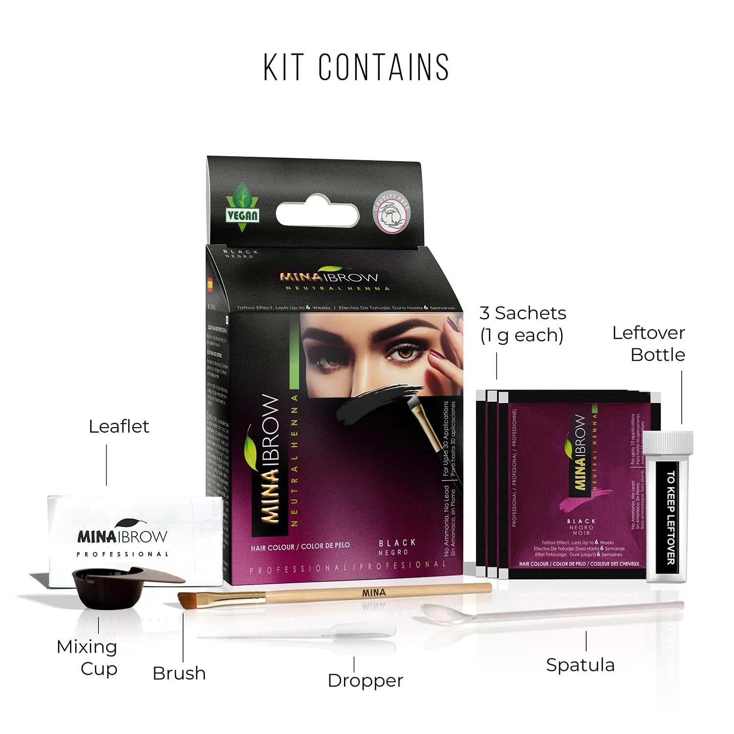 MinaiBrow Black Natural Tinting Powder with Rose Water & Duo Angled Brush | Smudge-Proof Instant Brow Dye for 100% Gray Coverage