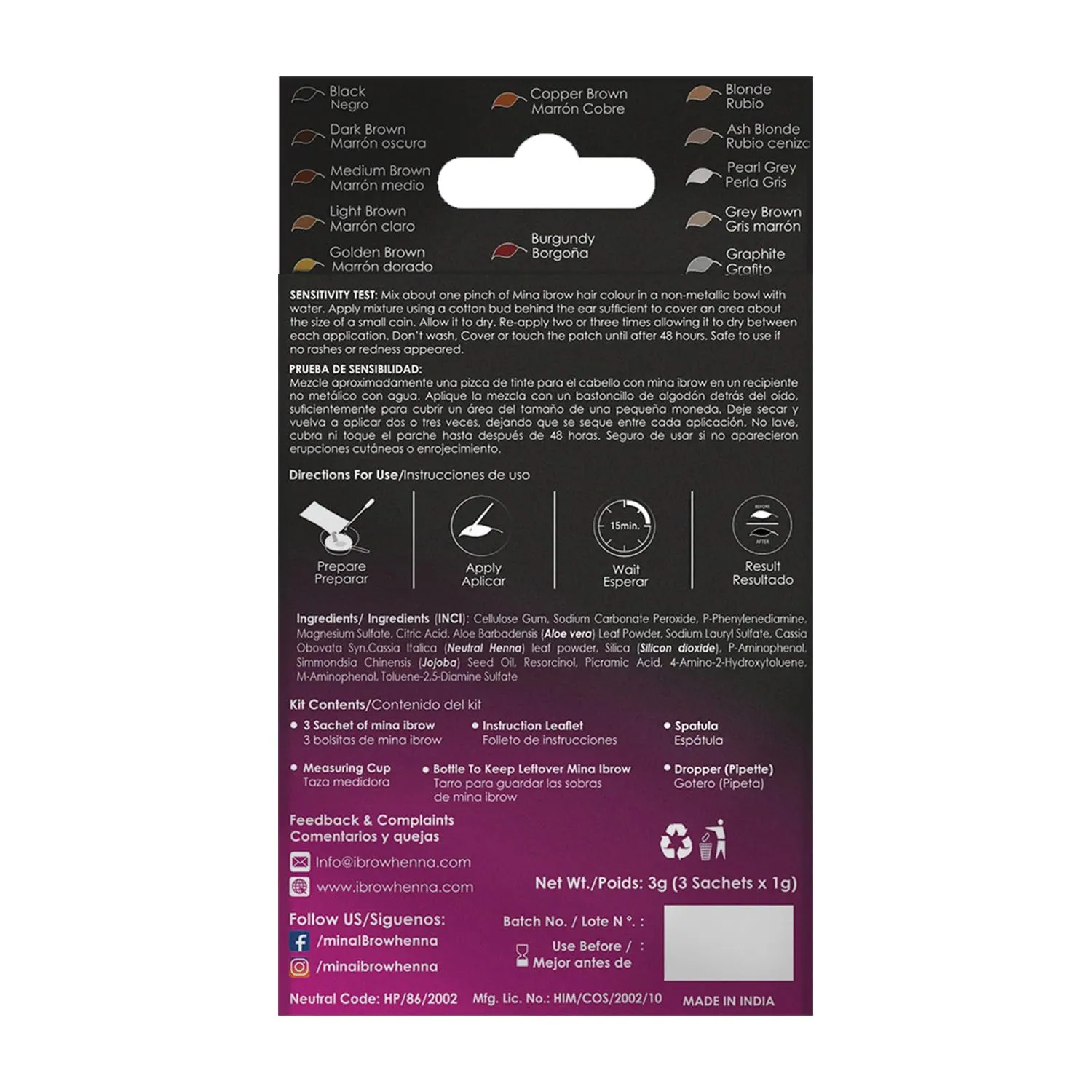 MinaiBrow Black Natural Tinting Powder with Rose Water & Duo Angled Brush | Smudge-Proof Instant Brow Dye for 100% Gray Coverage