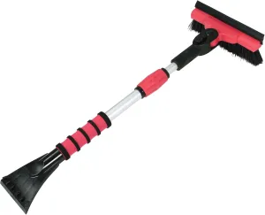 Mini Telescoping 35" Pivoting Dual Head Snow Broom with Squeegee, Integrated Ice Scraper (Red)