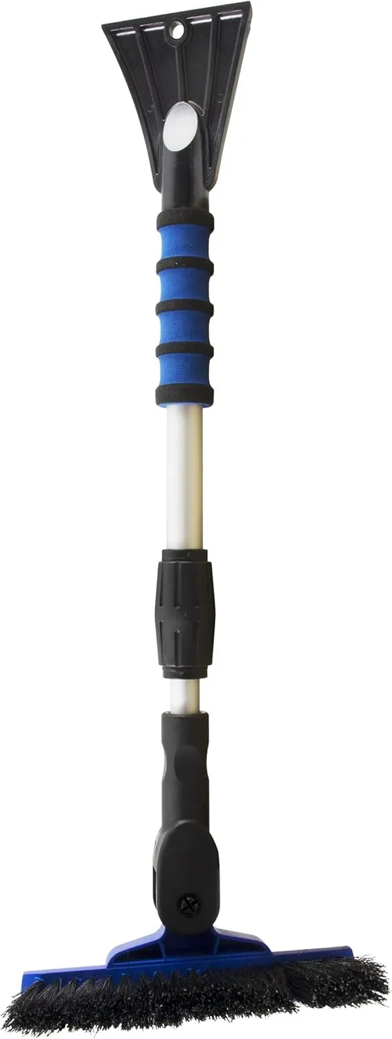 Mini Telescoping 35" Pivoting Dual Head Snow Broom with Squeegee, Integrated Ice Scraper (Red)