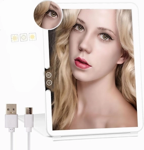 MIOBLUE Rechargeable Travel Makeup Mirror with Lights, Portable Lighted Vanity Mirror with 10X Magnification, 3 Colored Lights LED Vanity Mirror for Bedroom Tabletop, Smart Touch