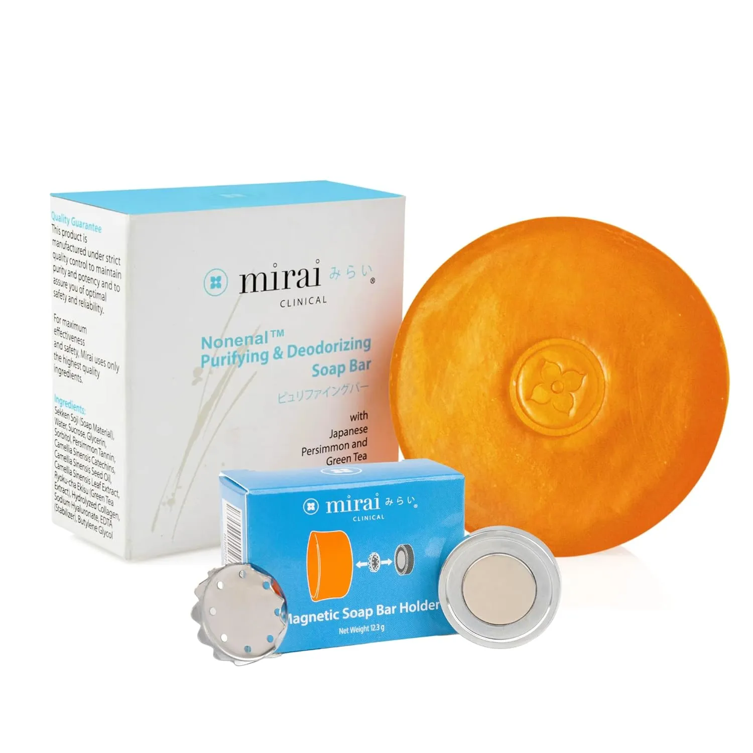 Mirai Clinical Persimmon Soap Bar with Magnetic Soap Holder - Nonenal Body Odor Eliminator for Women and Men, Personal care Solution with Easy to Install Magnetic Bar Soap Holder for Shower Wall