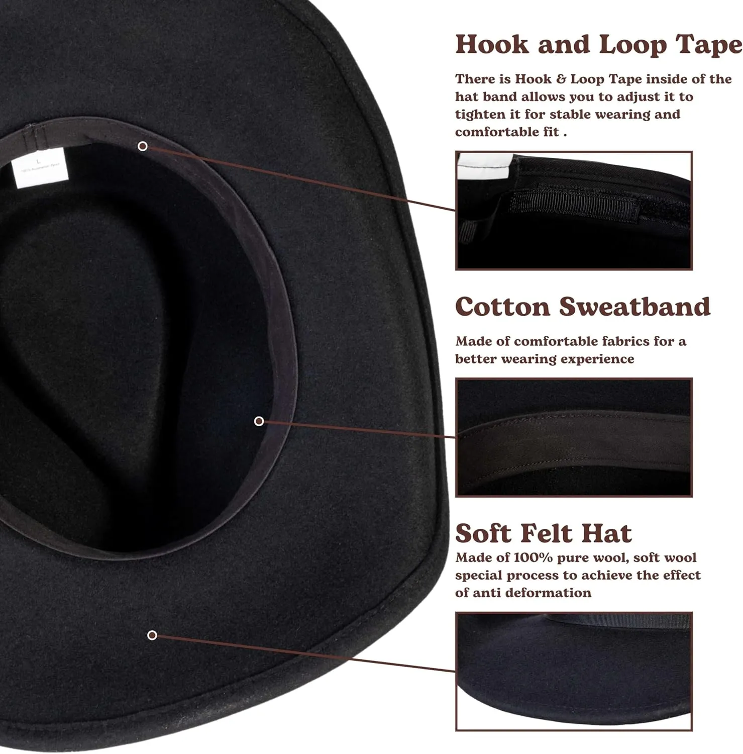 MIX BROWN Western Cowboy Hat for Men & Women 100% Wool Wide Brim Cowgirl Hats Outback Panama Rancher Felt Hat