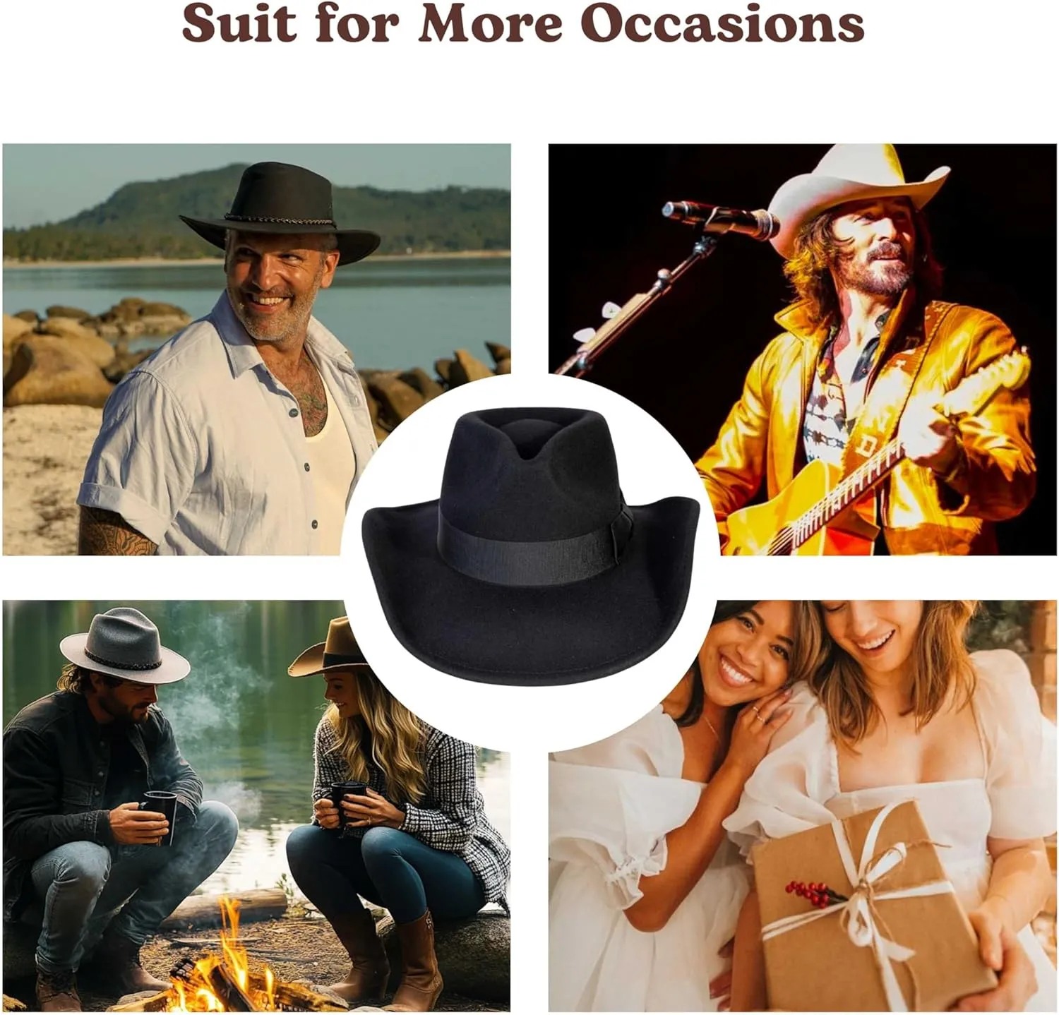MIX BROWN Western Cowboy Hat for Men & Women 100% Wool Wide Brim Cowgirl Hats Outback Panama Rancher Felt Hat