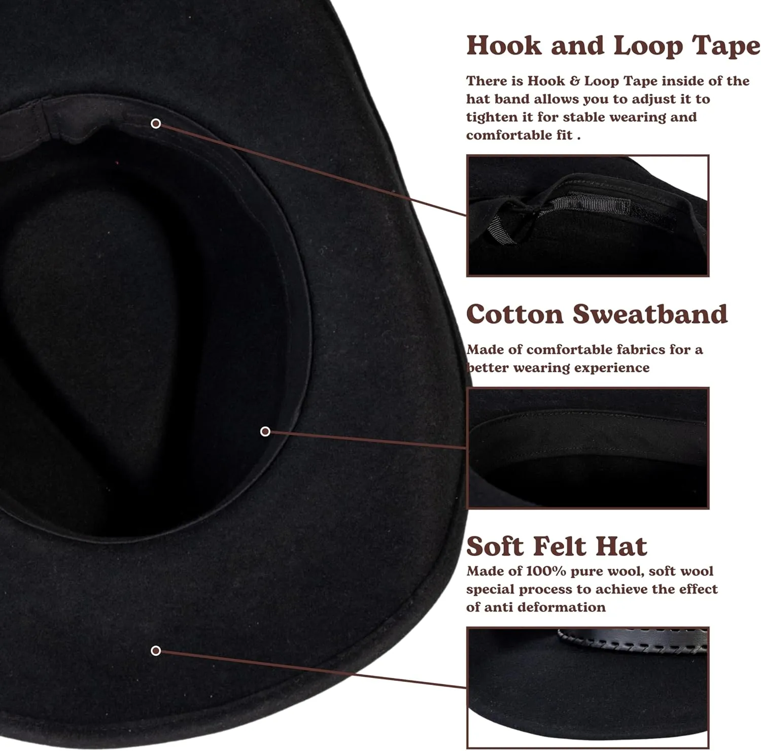 MIX BROWN Western Cowboy Hat for Men & Women 100% Wool Wide Brim Cowgirl Hats Outback Panama Rancher Felt Hat