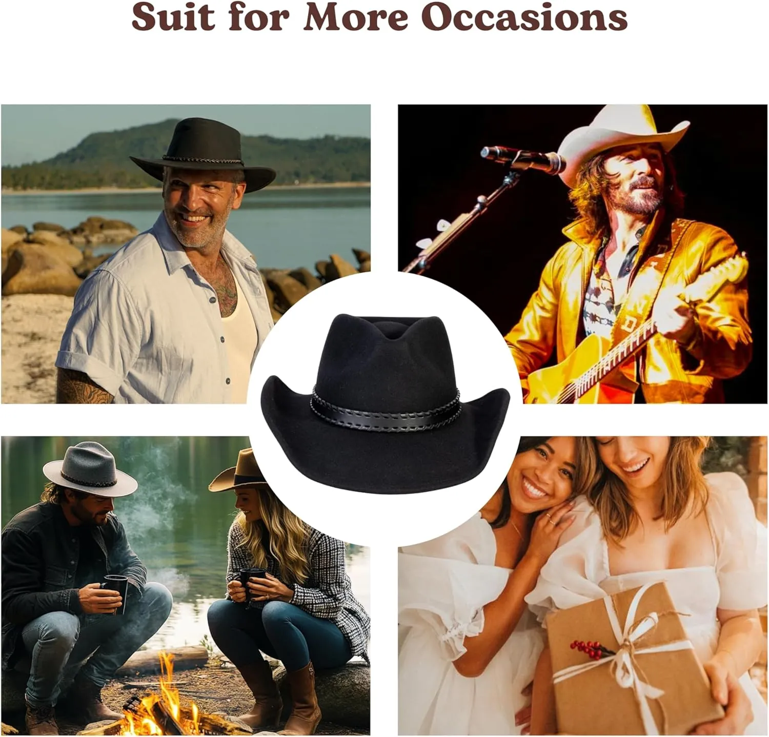 MIX BROWN Western Cowboy Hat for Men & Women 100% Wool Wide Brim Cowgirl Hats Outback Panama Rancher Felt Hat