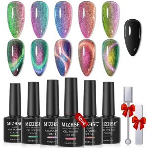 MIZHSE 9D Cat Eye Gel Nail Polish: Magnetic Gel Polish Set 10 ml 6 Colors with 2 Magnet Sticks, Chameleon Magic Galaxy Shiny Effect Cateye Nail Polish Soak off Nail Art Gift for Ladies