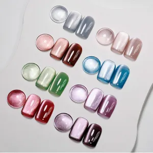 MIZHSE Cat Eye Gel Nail Polish, 8 Colors Ceramic Magnetic Gel Polish Set with Magnet Stick, Crystal Shimmery Silver Brown Green Purple Colors Nail Gel Soak Off Nail Art Salon Home Gift for Women