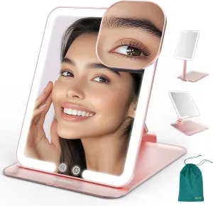 Mocado Travel Makeup Mirror with Light - Tripple Folding Travel Mirror with Light, 3 Colors Lighted Makeup Mirror, Portable Vanity Mirror with Light, Freely Adjust Height and Angle (Rose Gold)