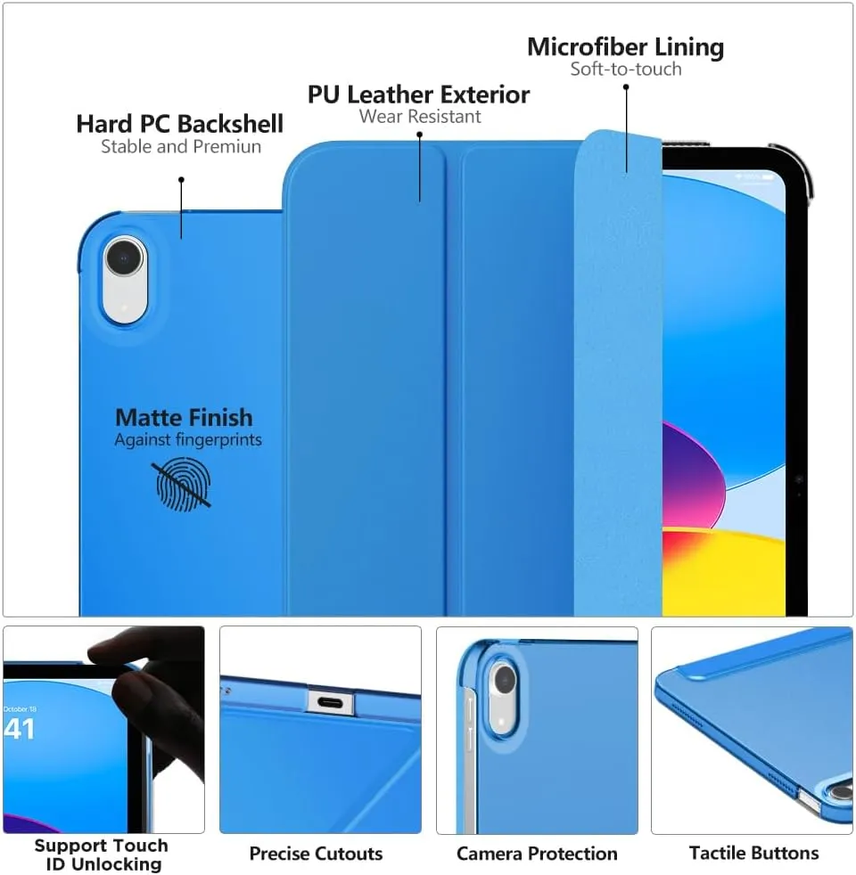 MoKo for iPad (A16) 11th Generation Case 11 Inch 2025, iPad 10th Generation Case 10.9 Inch 2022, Slim Stand Hard PC Translucent Back Shell Smart Cover, Support Touch ID, Auto Wake/Sleep, Blue Wave