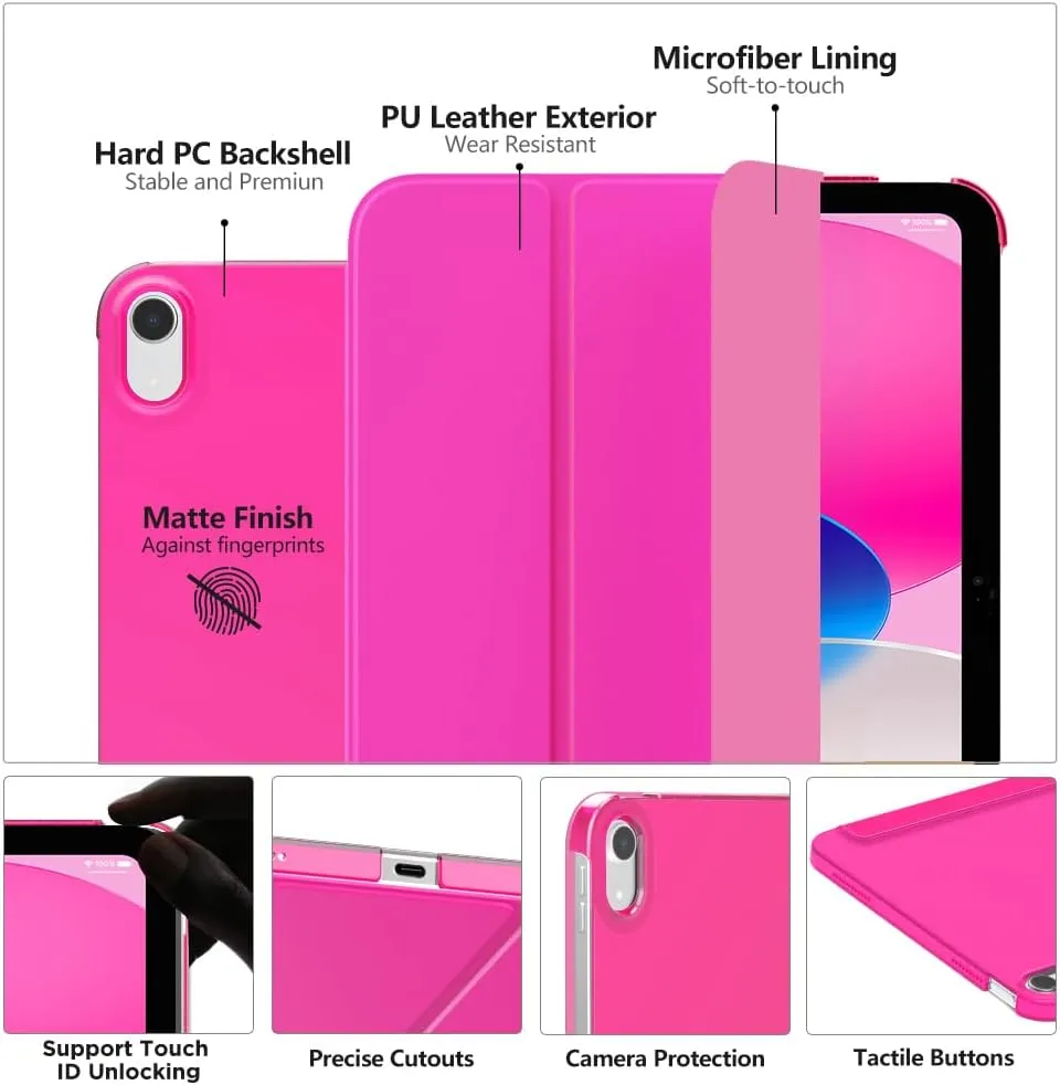 MoKo for iPad (A16) 11th Generation Case 11 Inch 2025, iPad 10th Generation Case 10.9 Inch 2022, Slim Stand Hard PC Translucent Back Shell Smart Cover, Support Touch ID, Auto Wake/Sleep,Bright Pink