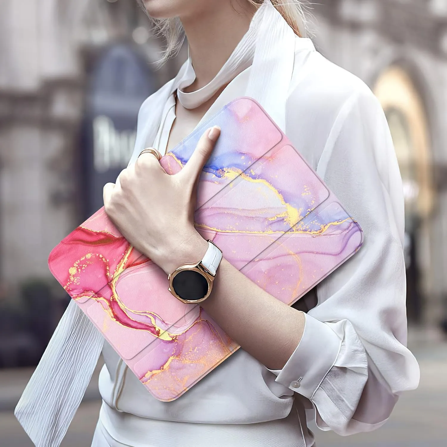 MoKo for iPad (A16) 11th Generation Case 2025, iPad 10th Generation Case 2022, Slim Stand Hard PC Translucent Back Shell Smart Cover Case for iPad 11th Gen 11 inch 2025, Light Pink Gold Marble