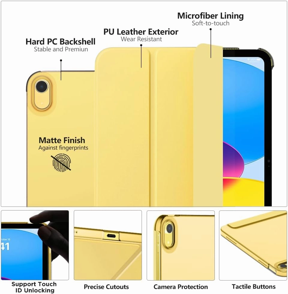 MoKo for iPad (A16) 11th Generation Case 11 Inch 2025, iPad 10th Generation Case 10.9 Inch 2022, Slim Stand Hard PC Translucent Back Shell Smart Cover, Support Touch ID, Auto Wake/Sleep,Light Yellow