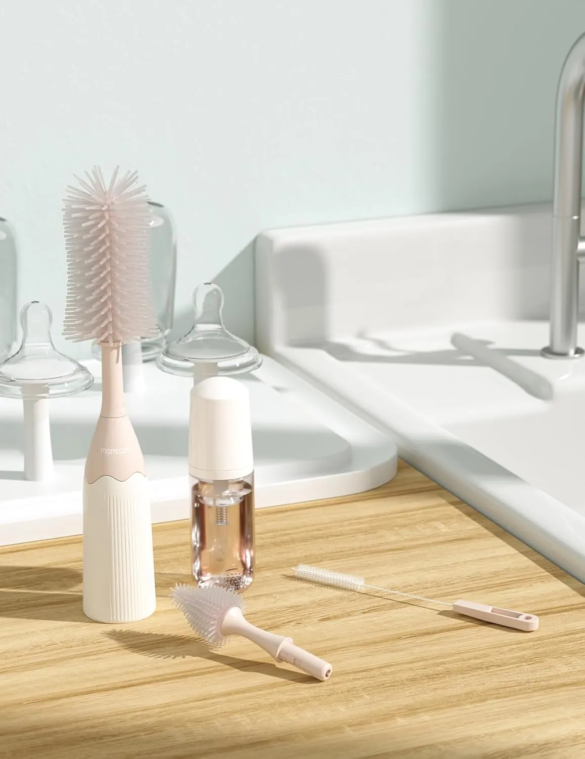 Momcozy Bottle Brush Kit, Innovative Push-Press Design for Better Cleaning - Baby Bottle Cleaner Brush for Baby Bottle, Breast Pumps, Nipples, and More - Can Generate Foam for Better Cleaning, Pink
