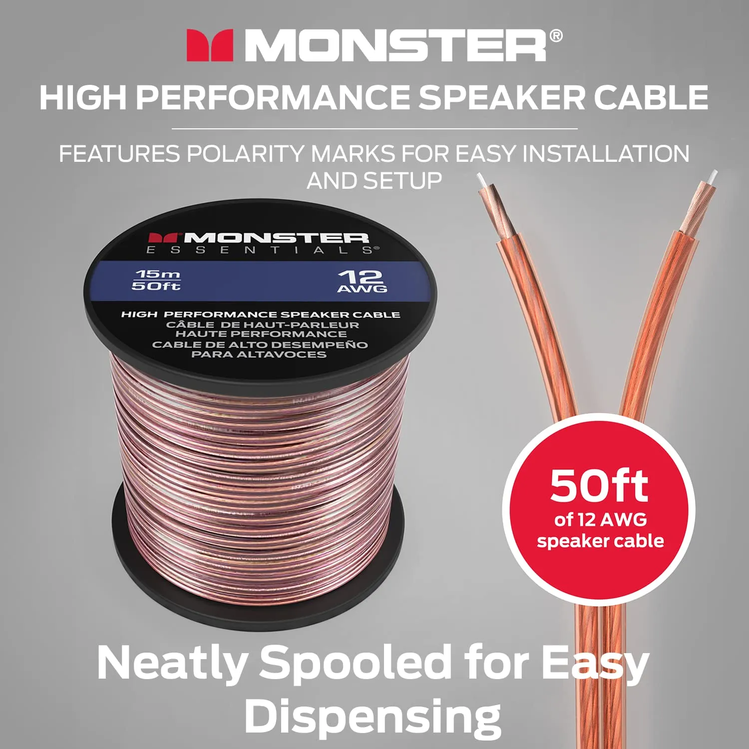 Monster XP Copper Clad Aluminum (CCA) Speaker Wire 12 Gauge Cable 50 FT Spool - Ideal for Home Cinema Cables and Car Audio Cable
