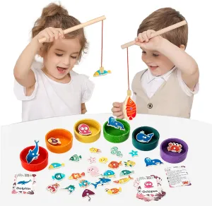 Montessori Fishing Toy Magnetic Fishing Game for Toddlers STEM Wooden Montessori Fish Catching Games with Letters Preschool Learning ABC Shape Toys for Toddlers 2-4 Years (2 Poles)