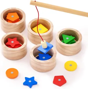 Montessori Toy 2-in-1 Wooden Sorting Cup&Magnetic Fishing Game-Educational Puzzle Toy for Toddlers 1-4 Year Old,Colors Shapes Sorting&Matching Games for Toddlers Developmental Toys