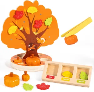 Montessori Toys for 3 4 5 6 Year Old, Pumpkin Picking Magnetic Leaves Tree Toy, Toddler Fine Motor Skill Toy, Wooden Sensory Color Sorting Toys, Fall Autumn Harvest Activities STEM for Kids