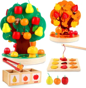 Montessori Toys for 3 4 5 6 Year Old - Wooden Sensory Toy for Toddlers - Apple Picking Magnetic Tree Toy - Shape Sorting Puzzle for Fine Motor Skills,Hand-Eye Coordination,Color Recognition