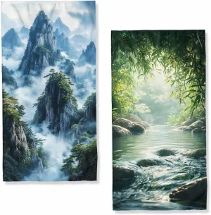 Mountain River Hand Towels Bathroom Set of 2 Absorbent Mountain Top Clouds Flowing Water Bathroom Kitchen Towels Set of 2 Lightweight Breathable Face Towels for Bathroom Gym Hotel Sport Decor