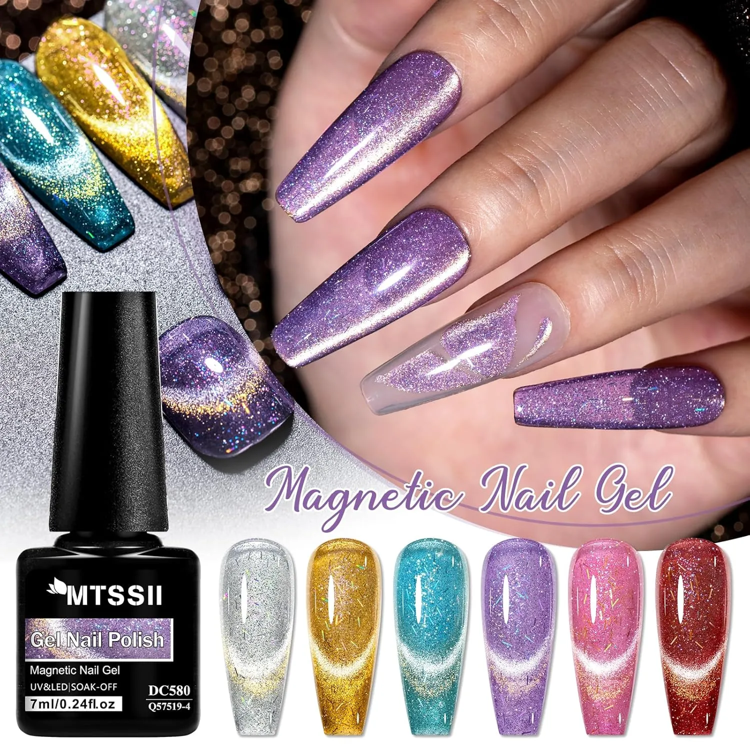 MTSSII 8 Pcs Cat Eye Gel Nail Polish Set of 6 Colors Gold Velvet Sparkling Cat Eye Gel Polish with Base Top coat and Magnet Stick Shimmer Glitter Soak Off Home Salon Diy Nail Art