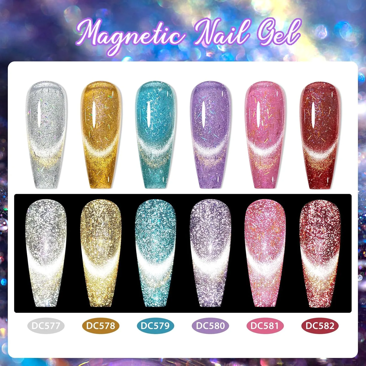 MTSSII 8 Pcs Cat Eye Gel Nail Polish Set of 6 Colors Gold Velvet Sparkling Cat Eye Gel Polish with Base Top coat and Magnet Stick Shimmer Glitter Soak Off Home Salon Diy Nail Art