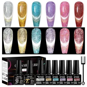 MTSSII 8 Pcs Cat Eye Gel Nail Polish Set of 6 Colors Gold Velvet Sparkling Cat Eye Gel Polish with Base Top coat and Magnet Stick Shimmer Glitter Soak Off Home Salon Diy Nail Art