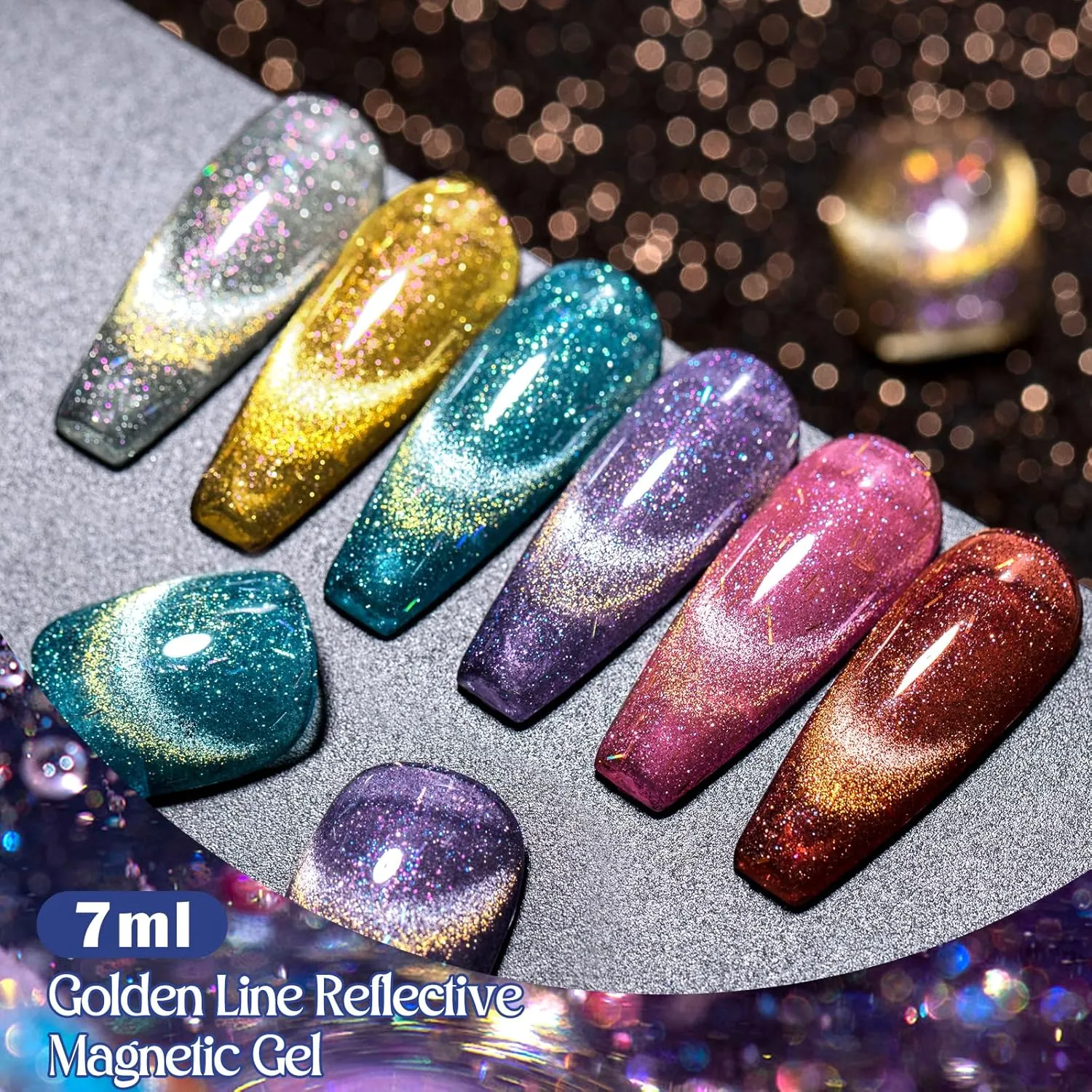 MTSSII 8 Pcs Cat Eye Gel Nail Polish Set of 6 Colors Gold Velvet Sparkling Cat Eye Gel Polish with Base Top coat and Magnet Stick Shimmer Glitter Soak Off Home Salon Diy Nail Art