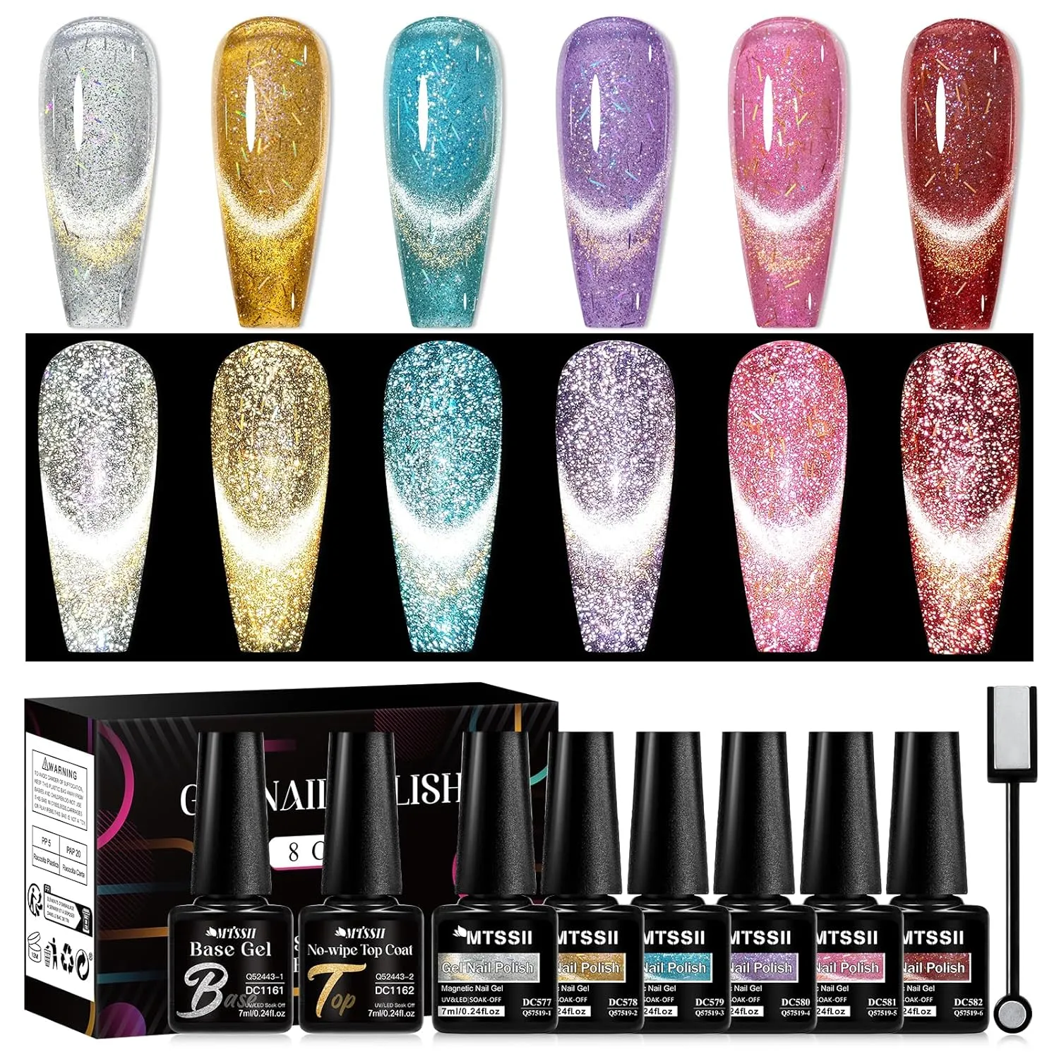 MTSSII 8 Pcs Cat Eye Gel Nail Polish Set of 6 Colors Gold Velvet Sparkling Cat Eye Gel Polish with Base Top coat and Magnet Stick Shimmer Glitter Soak Off Home Salon Diy Nail Art