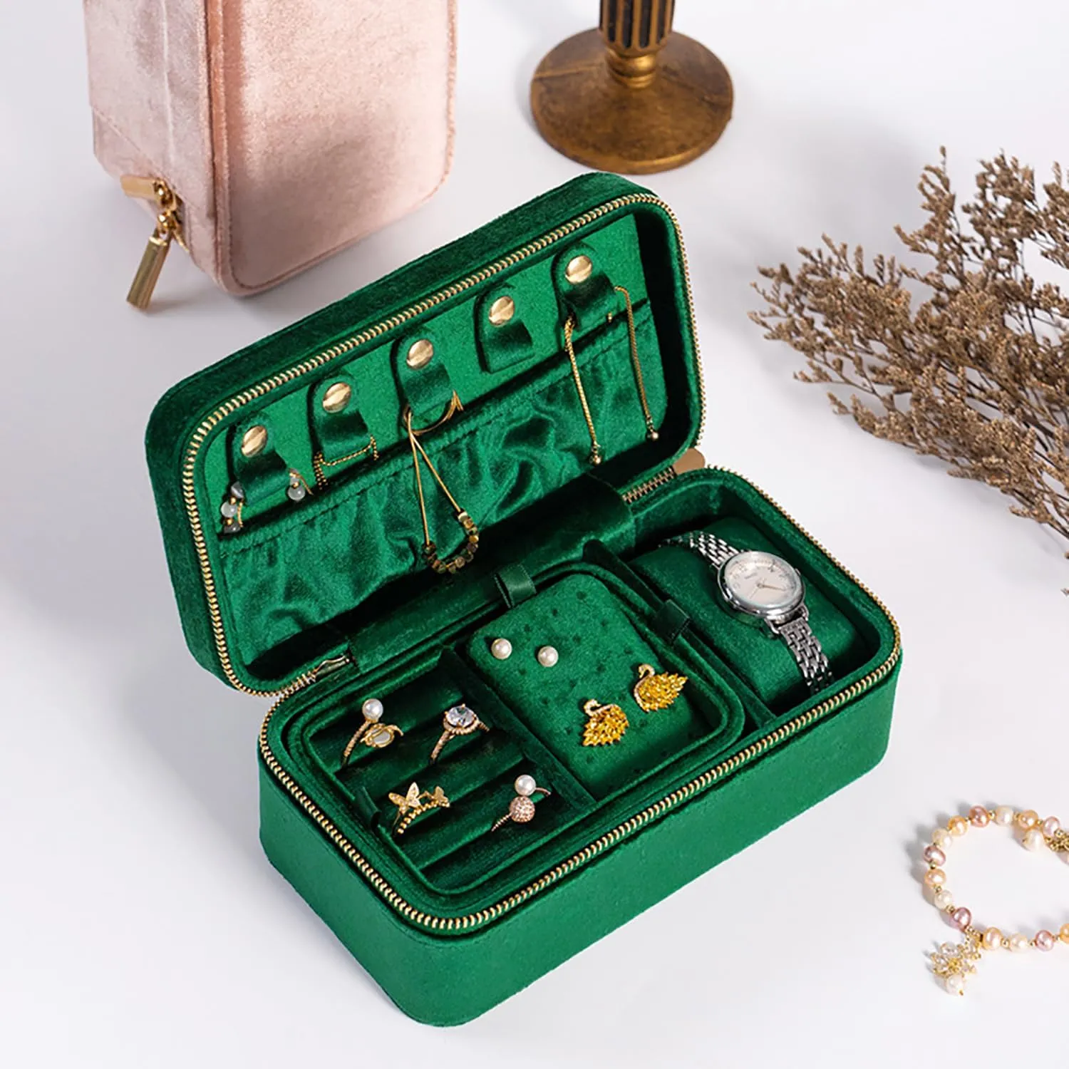Multi Functional Jewelry Organizer with Dual Zipper, Jewelry Box Made of Skin Friendly Soft Velvet, Jewelry Storage Box, Removable Portable Jewelry Case for Women And Girls ,Pink,7.09*3.78*2.9