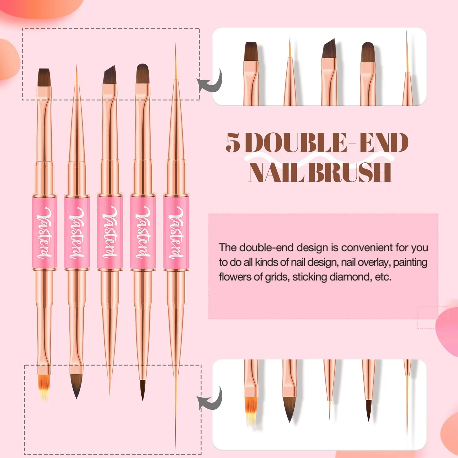 Nail Art Brushes Set 5pcs Double-Ended Nail Brushes for Nail Art with Nail Extension Gel Brush, Builder Gel Brush, Nail Art Liner Brush